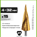 URAGAN 4-32 мм, 15 ступеней, винтовая спираль, сверло ступенчатое (29658-4-32-15)
