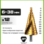 URAGAN 6-38 мм, 12 ступеней, винтовая спираль, сверло ступенчатое (29658-6-38-12)