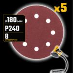 STEHER DWH-180-S 180 мм, Р240, шлифовальный круг на липучке, 8 отв., 5 шт. (35682-240)