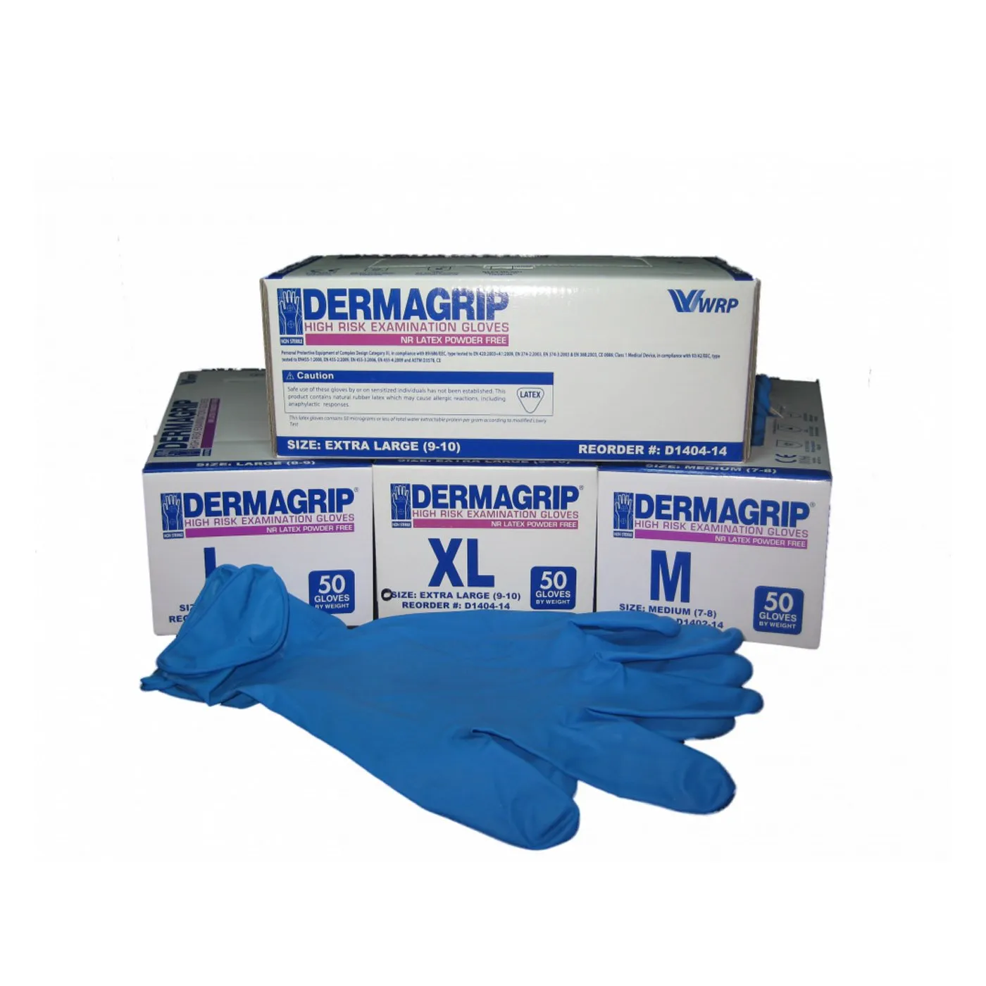 Перчатки латексные Dermagrip High Risk, повышенной прочности (размер M) синие (50 шт. в пач) — изображение 1